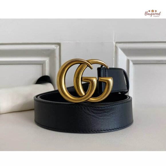 Authentic Gucci Black Calfskin Leather Gold Double G Buckle Slim Belt 80/32 main image 12